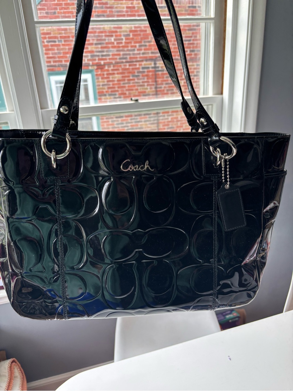 Coach Signature patent leather glossy tote in black. NWOT